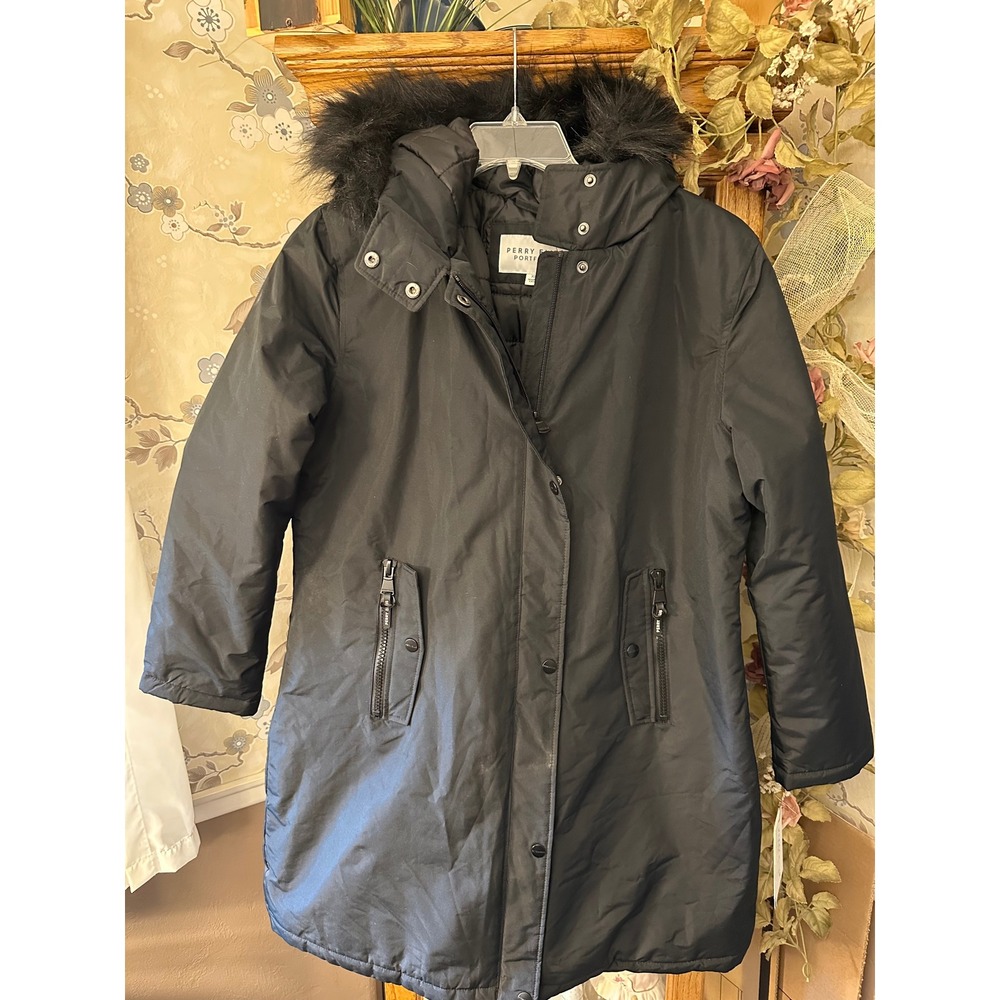 Perry Ellis Portfolio Coat Womens XL Black Faux Fur Hooded Parka Winter Coat NWT